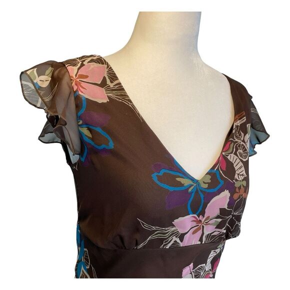 FLP Floral Print Midi Dress Crown Pink Blue Chiffon Ruffle Flutter Short Sleeve - Picture 2 of 7